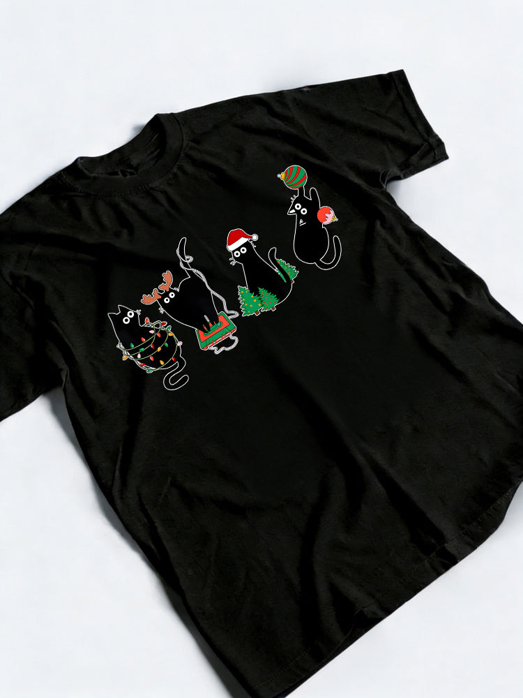Black Cat Lover Family Christmas Gift T-shirt