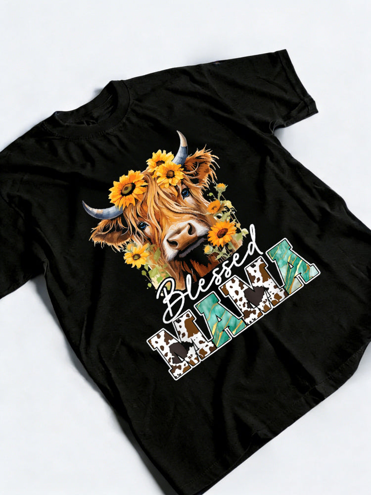 Blessed Mama Highland Cow Sunflowers Mother's Day T-Shirt