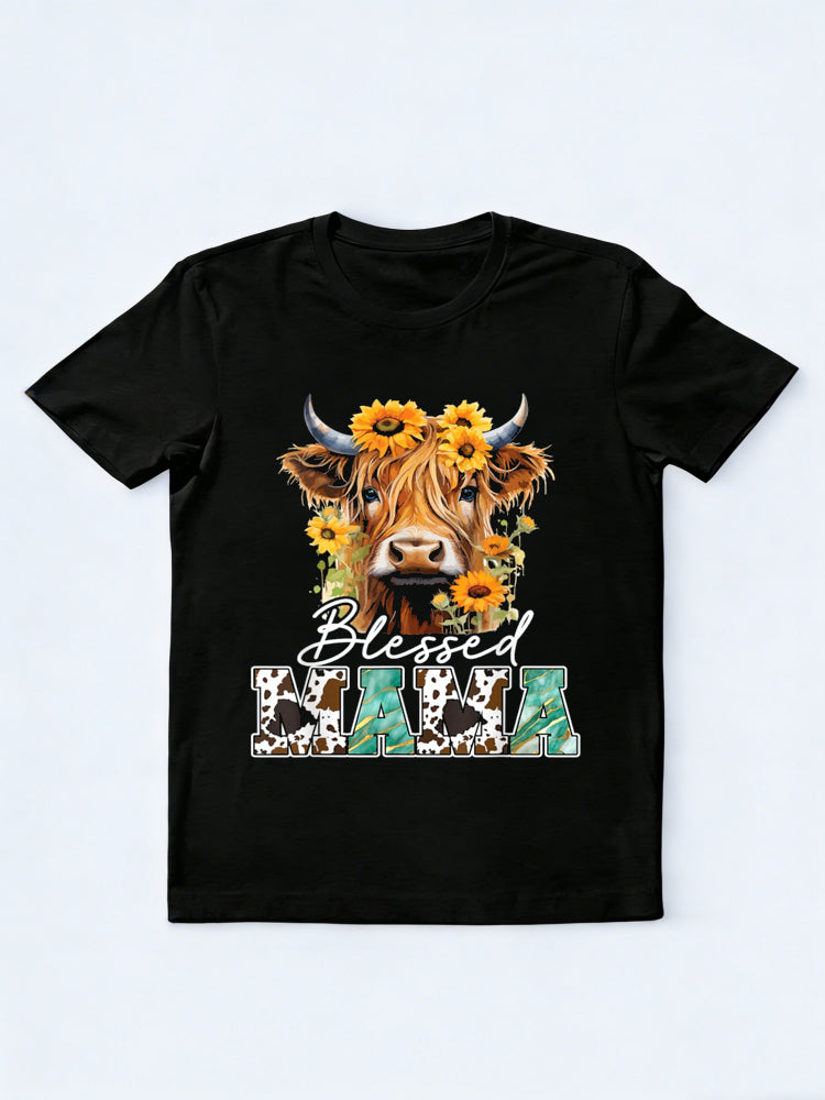 Blessed Mama Highland Cow Sunflowers Mother's Day T-Shirt