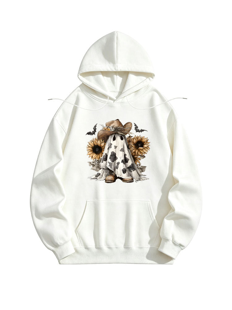 Boo Haw Ghost with Cowboy Hat and Sunflowers Western Halloween Hoodie