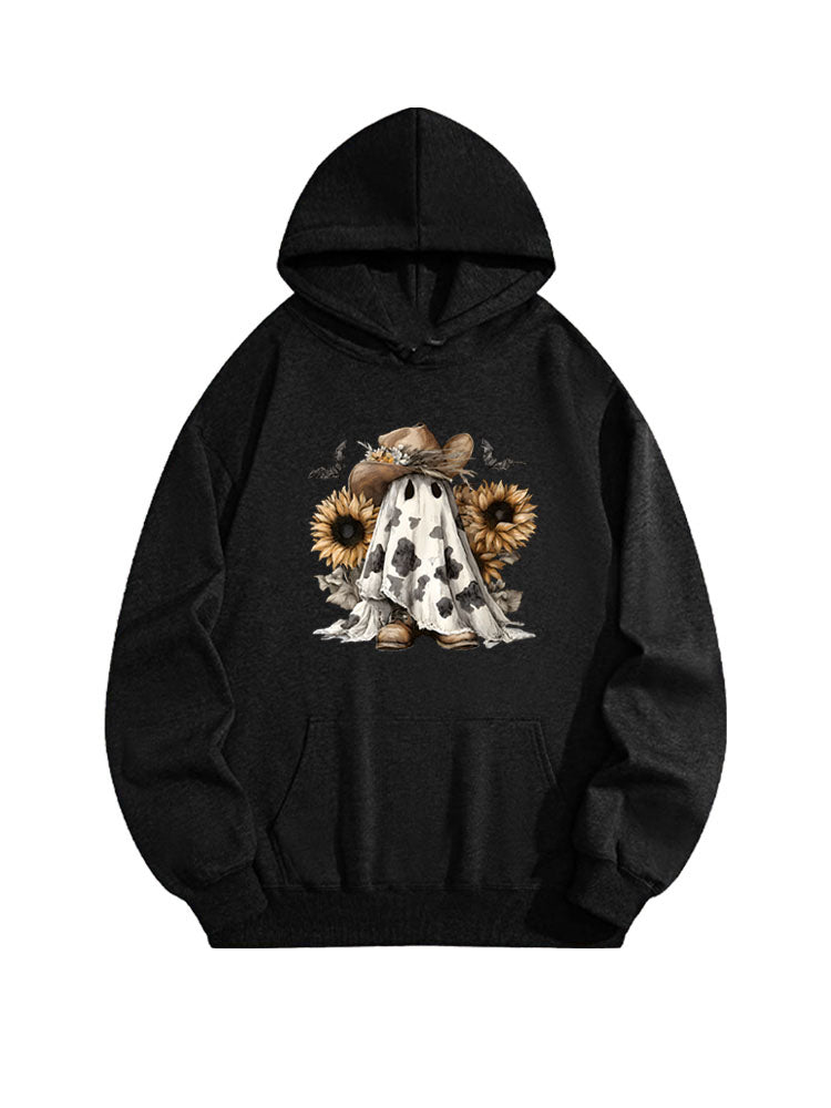 Boo Haw Ghost with Cowboy Hat and Sunflowers Western Halloween Hoodie