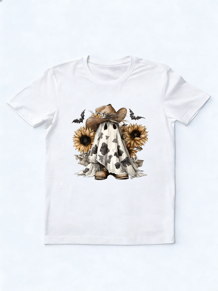 Boo Haw Ghost with Cowboy Hat and Sunflowers Western Halloween T-shirt