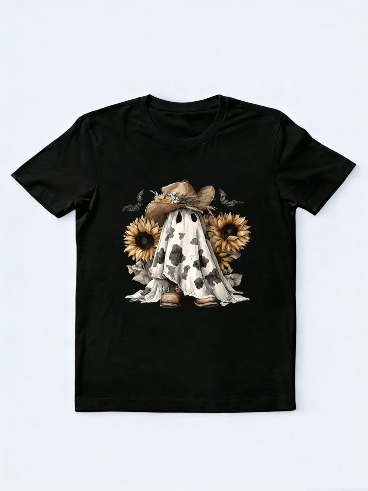 Boo Haw Ghost with Cowboy Hat and Sunflowers Western Halloween T-shirt