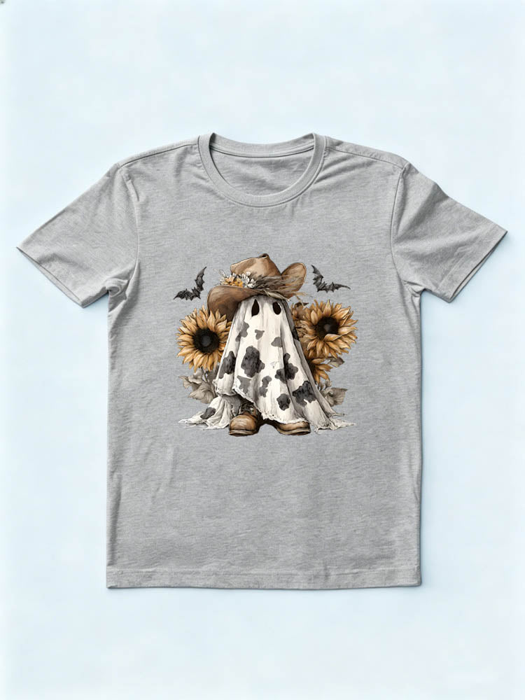 Boo Haw Ghost with Cowboy Hat and Sunflowers Western Halloween T-shirt