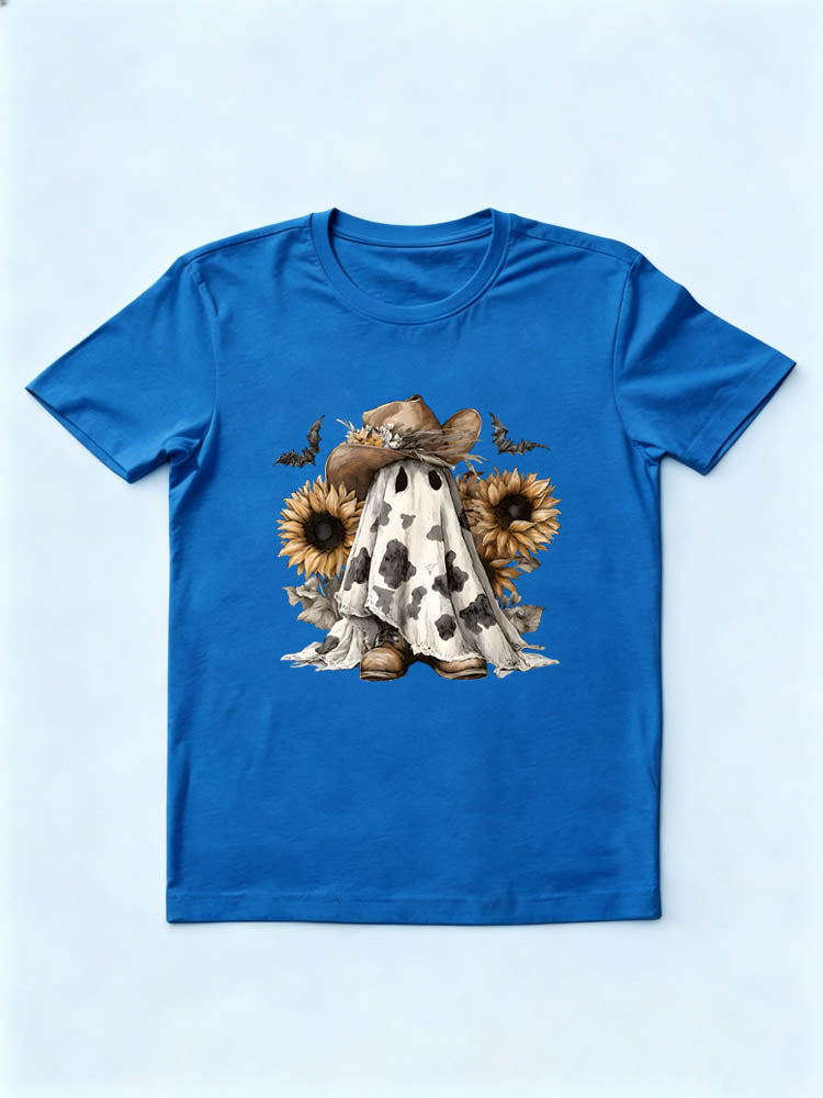 Boo Haw Ghost with Cowboy Hat and Sunflowers Western Halloween T-shirt