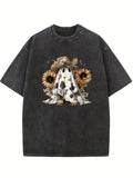Boo Haw Ghost with Cowboy Hat and Sunflowers Western Halloween Washed T-shirt