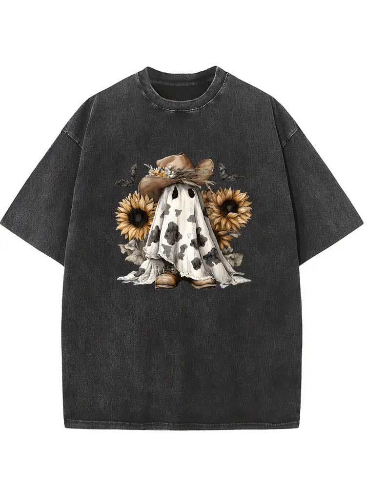 Boo Haw Ghost with Cowboy Hat and Sunflowers Western Halloween Washed T-shirt