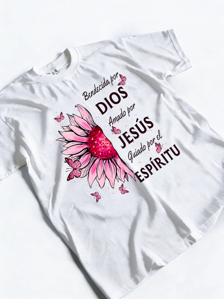 By God Loved By Jesus Pink Sunflower in Spanish Easter Gift T-shirt