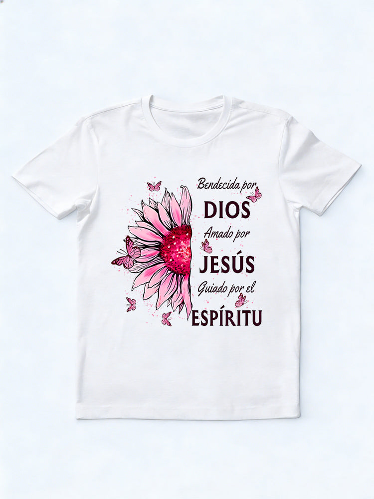 By God Loved By Jesus Pink Sunflower in Spanish Easter Gift T-shirt