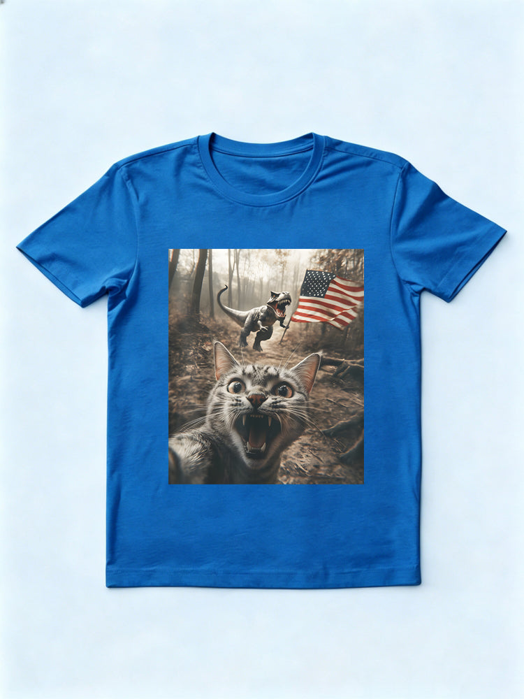 Cat Selfie With Trex Dinosaur USA Flag Patriotic 4th of July Gift T-Shirt
