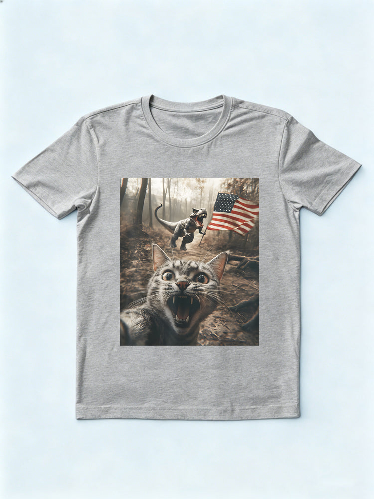 Cat Selfie With Trex Dinosaur USA Flag Patriotic 4th of July Gift T-Shirt