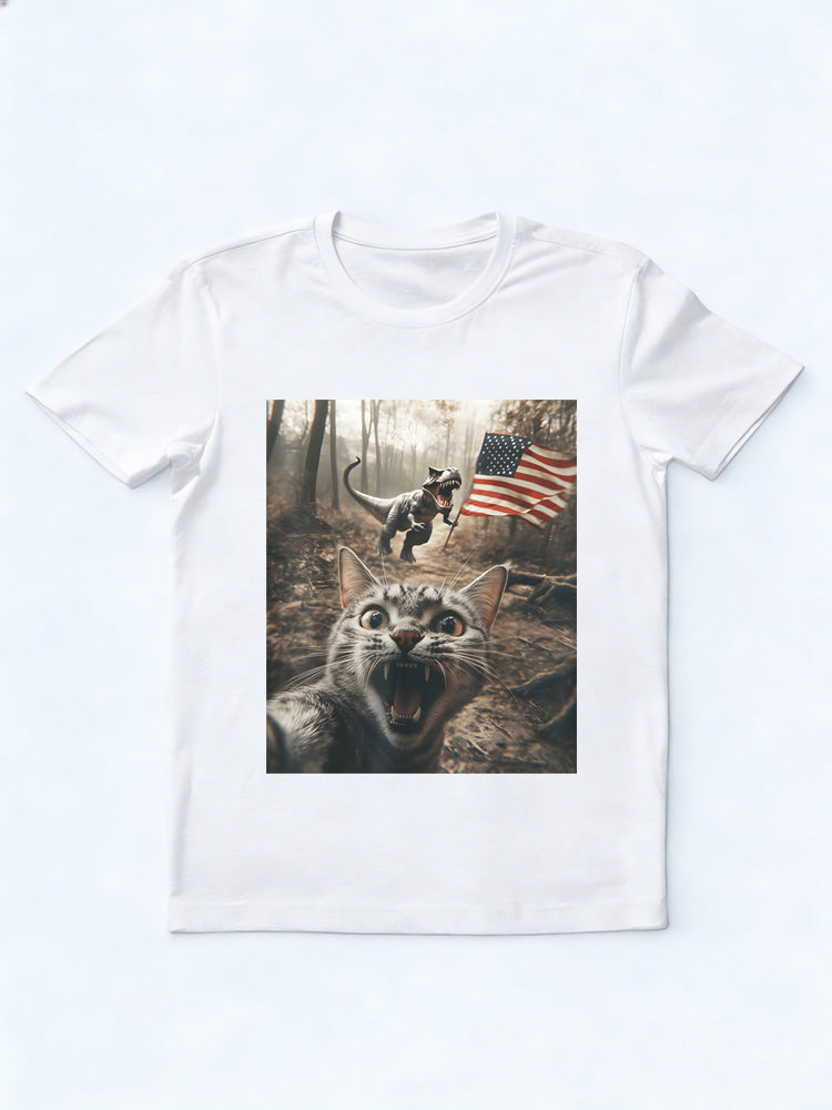 Cat Selfie With Trex Dinosaur USA Flag Patriotic 4th of July Gift T-Shirt