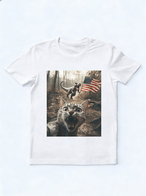 Cat Selfie With Trex Dinosaur USA Flag Patriotic 4th of July Gift T-Shirt