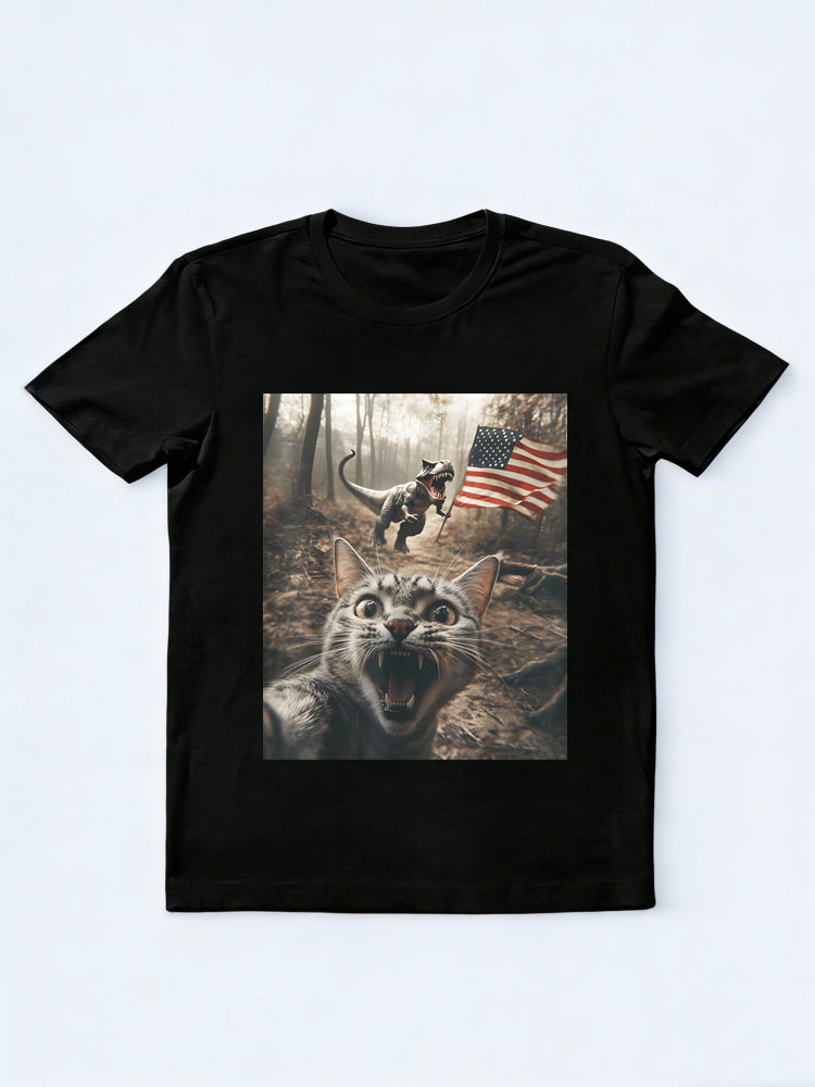 Cat Selfie With Trex Dinosaur USA Flag Patriotic 4th of July Gift T-Shirt