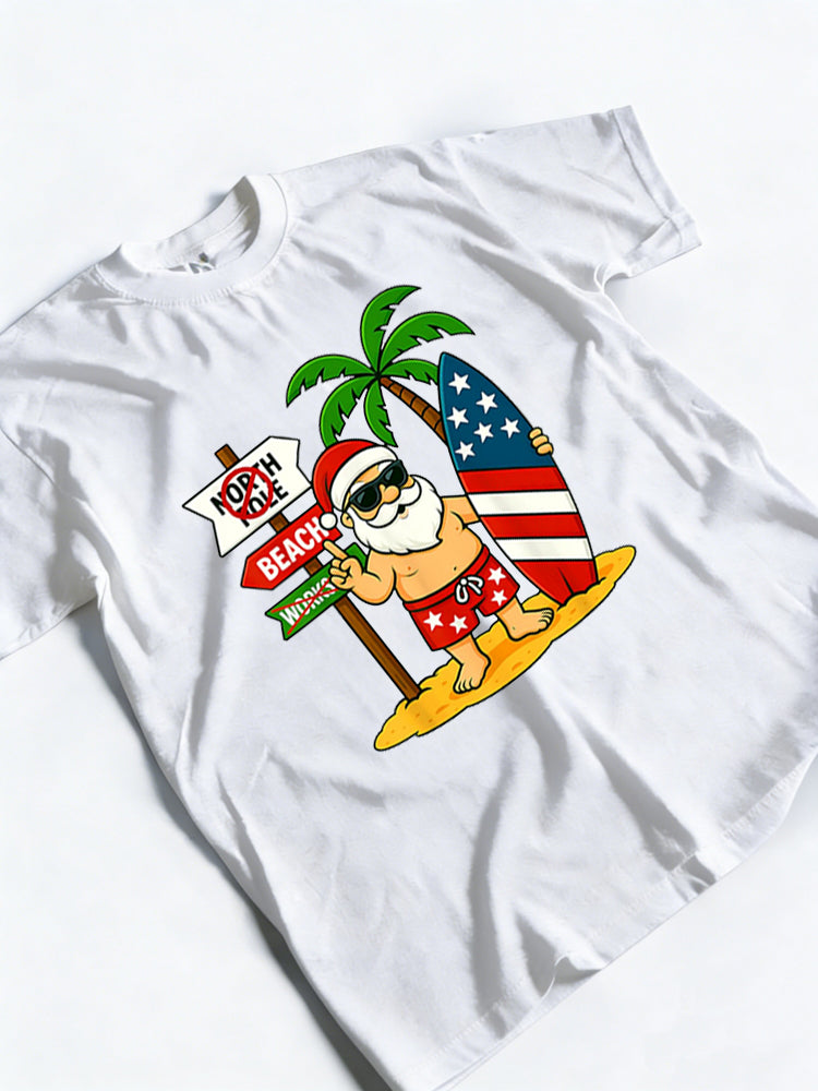 Christmas in July Santa & Surfboard USA Flag 4th of July Gift T-Shirt