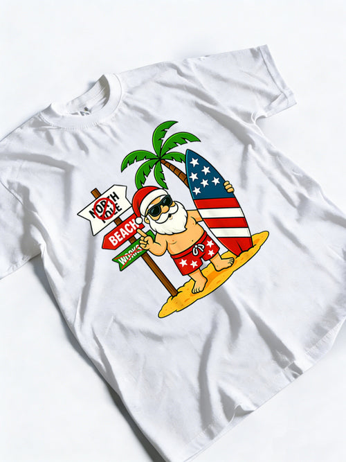 Christmas in July Santa & Surfboard USA Flag 4th of July Gift T-Shirt