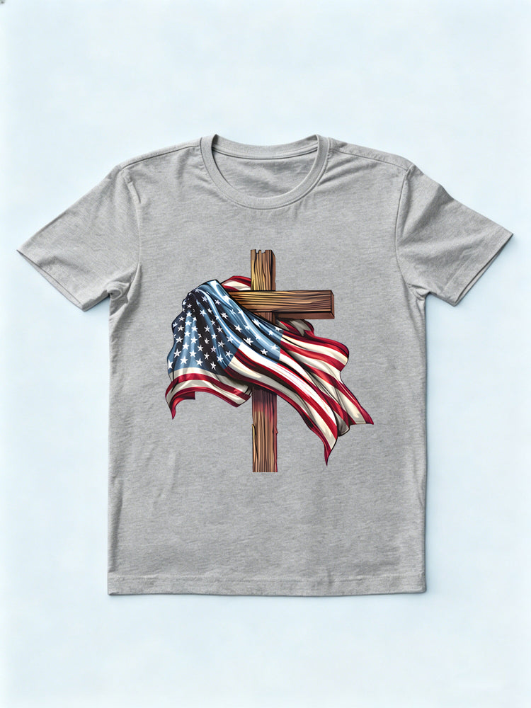 Cross USA Flag Christian 4th of July Gift T-shirt