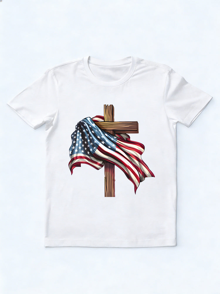 Cross USA Flag Christian 4th of July Gift T-shirt