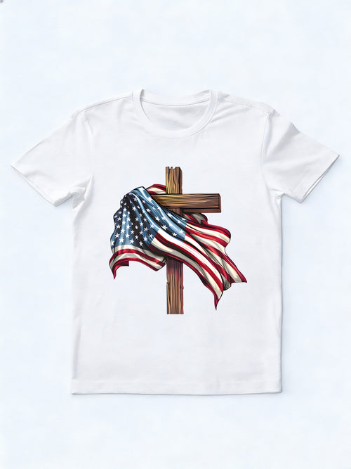 Cross USA Flag Christian 4th of July Gift T-shirt