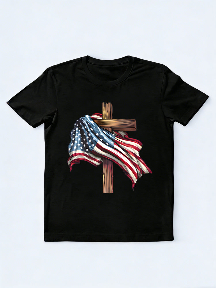 Cross USA Flag Christian 4th of July Gift T-shirt