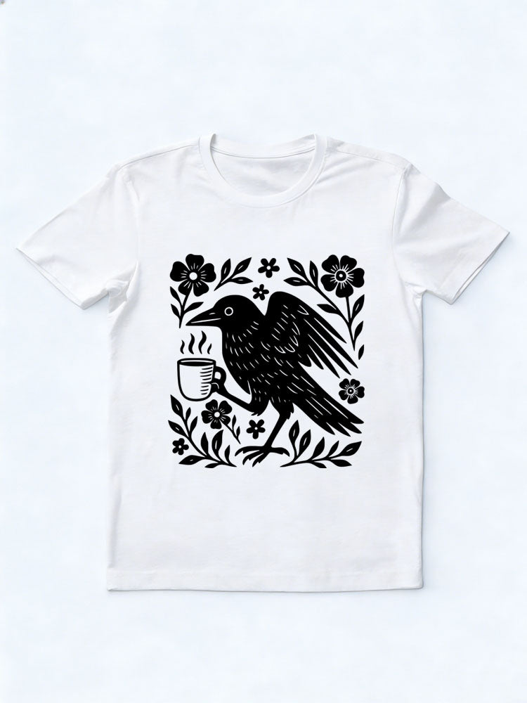 Crow Bird Coffee Lover Spooky Season Halloween Vibe T-shirt