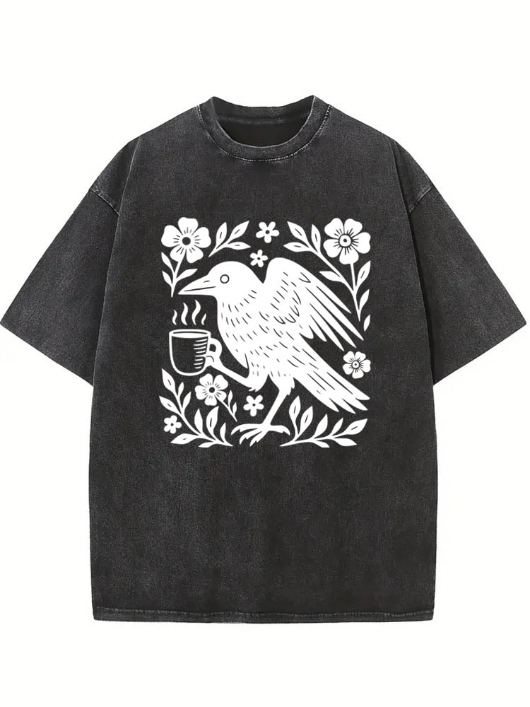 Crow Bird Coffee Lover Spooky Season Halloween Vibe Washed T-shirt