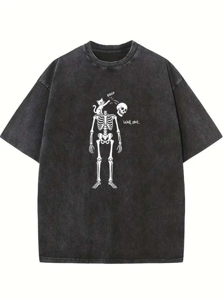 Cute Cat Boop Skeleton Well Shit Halloween Vibe Spooky Season Washed T-shirt
