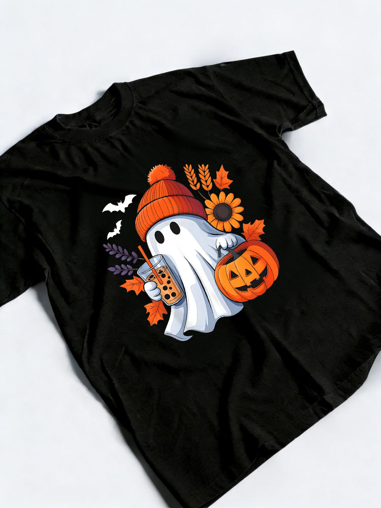 Cute Ghost Drinking Coffee Autumn Pumpkin Halloween Gift T-Shirt