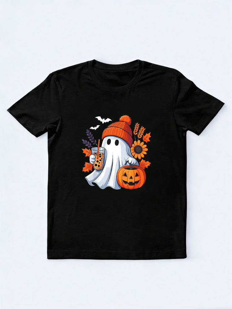 Cute Ghost Drinking Coffee Autumn Pumpkin Halloween Gift T-Shirt