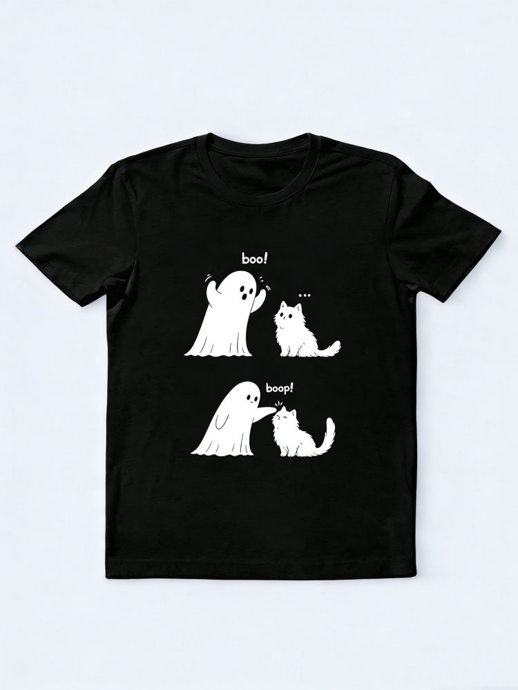Cute Ghost and Cat Funny Halloween Boo Boop Spooky Season Vibe T-shirt