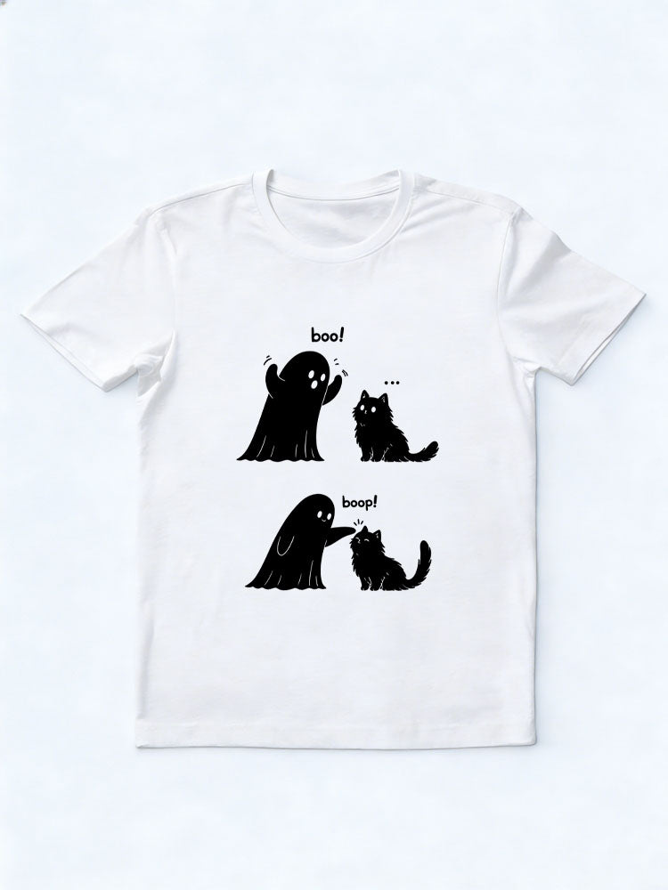 Cute Ghost and Cat Funny Halloween Boo Boop Spooky Season Vibe T-shirt