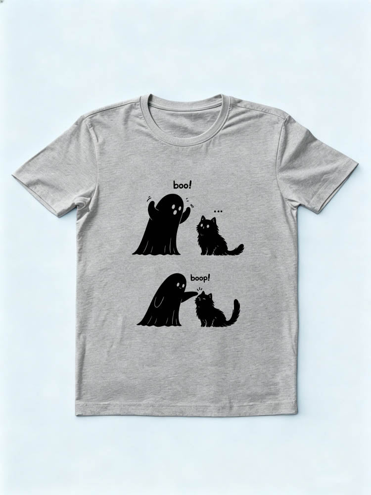 Cute Ghost and Cat Funny Halloween Boo Boop Spooky Season Vibe T-shirt