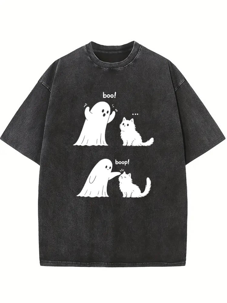 Cute Ghost and Cat Funny Halloween Boo Boop Spooky Season Vibe Washed T-shirt