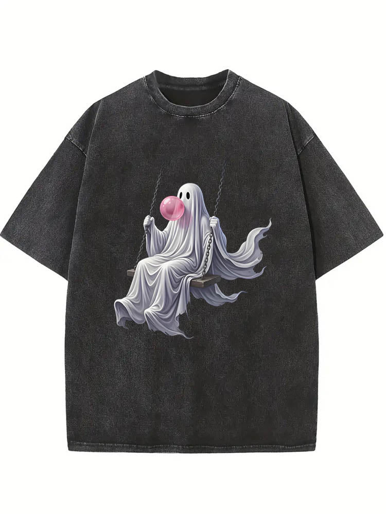 Cute October Ghost Swing Spooky Season Halloween Vibe Washed T-shirt