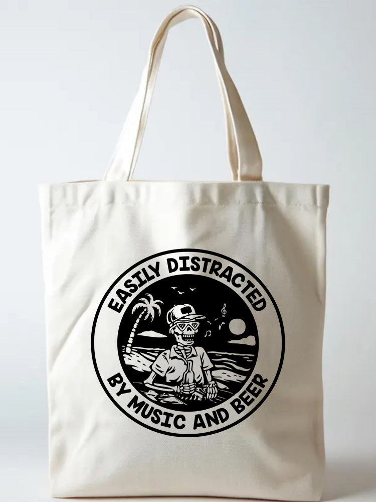 Easily Distracted By Music And Beer Music Lover Back to School Gift Canvas Tote Bag