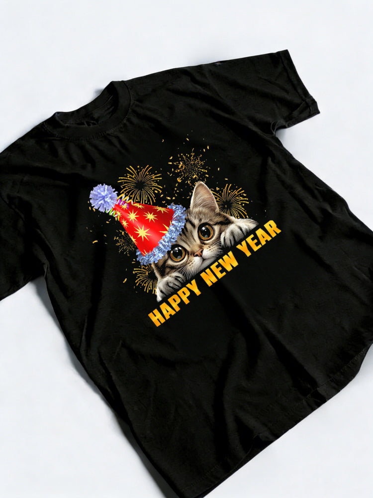 Funny Happy New Year Cute Cat Peeking New Year Gift T-Shirt