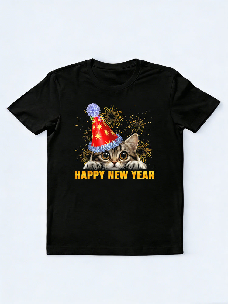 Funny Happy New Year Cute Cat Peeking New Year Gift T-Shirt