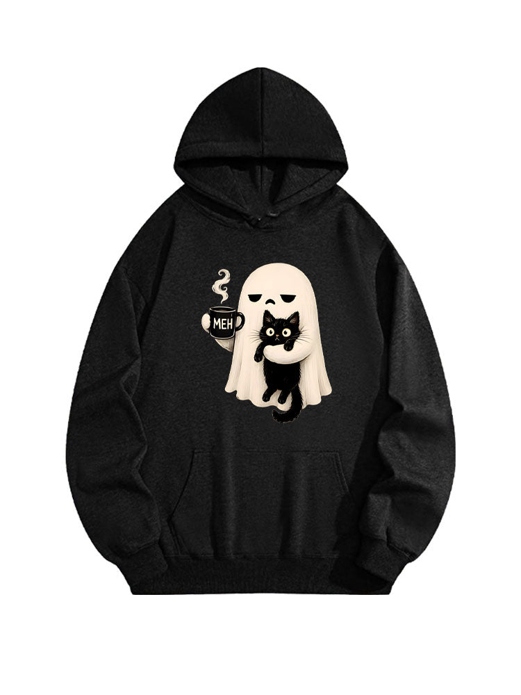 Funny Spooky Season Meh Coffee Ghost Holding Black Cat Halloween Vibe Hoodie