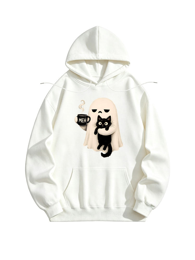Funny Spooky Season Meh Coffee Ghost Holding Black Cat Halloween Vibe Hoodie