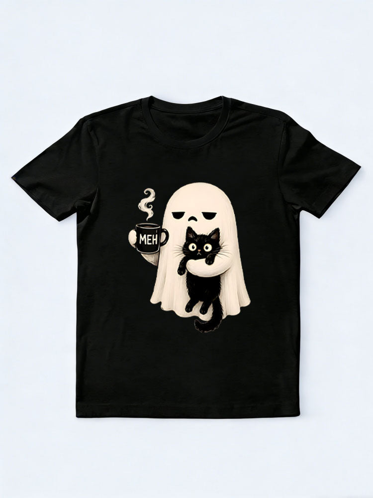 Funny Spooky Season Meh Coffee Ghost Holding Black Cat Halloween Vibe T-shirt