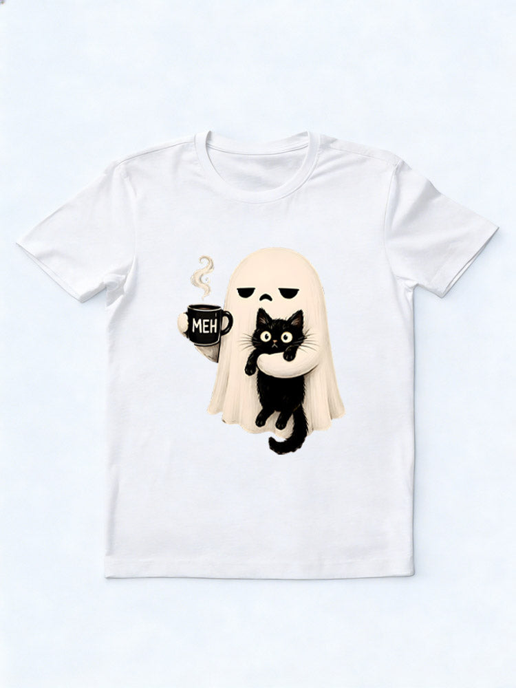 Funny Spooky Season Meh Coffee Ghost Holding Black Cat Halloween Vibe T-shirt