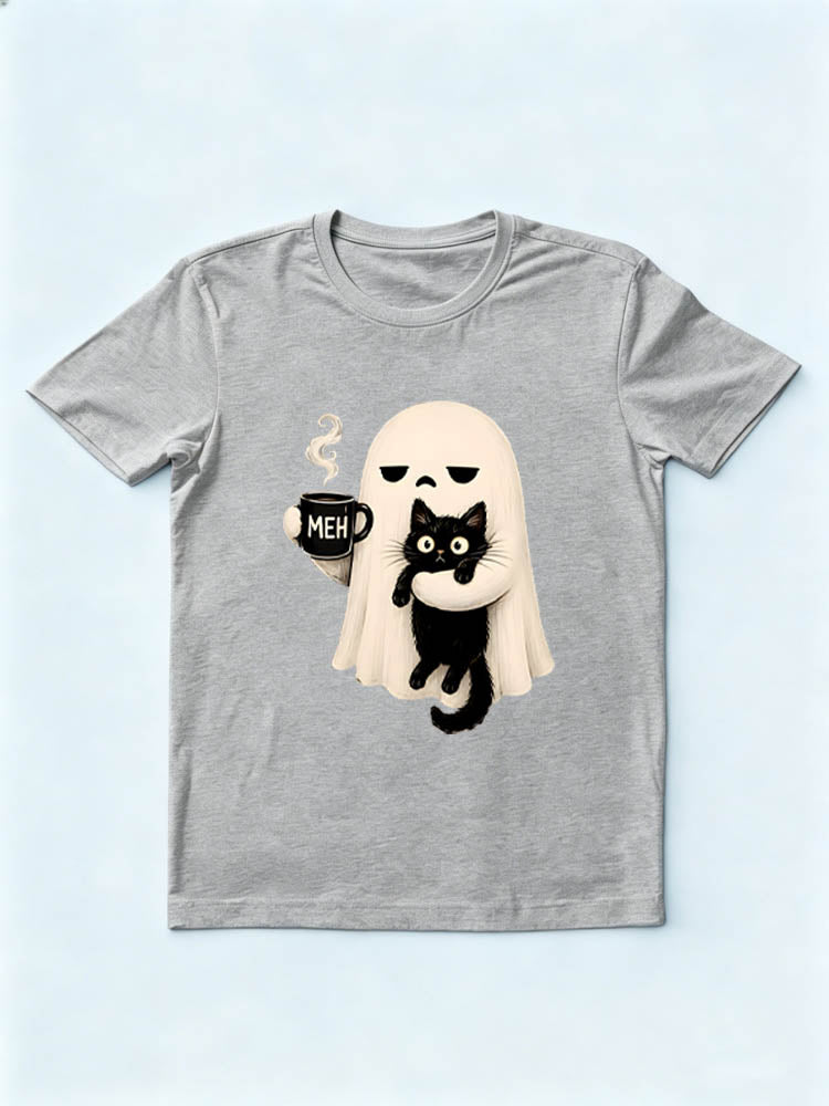 Funny Spooky Season Meh Coffee Ghost Holding Black Cat Halloween Vibe T-shirt
