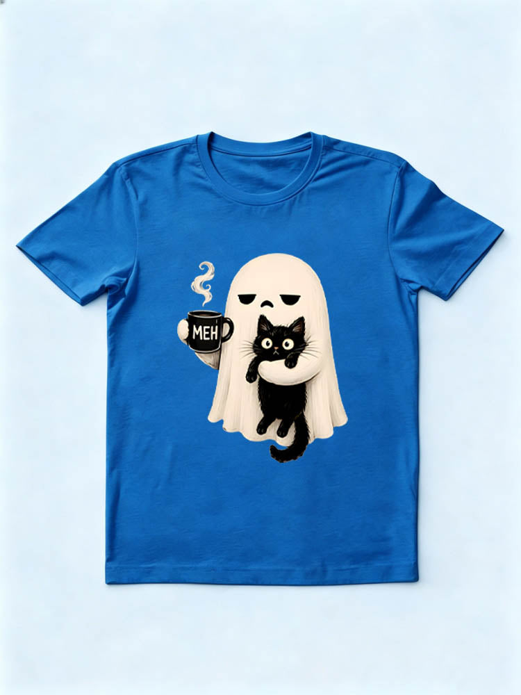 Funny Spooky Season Meh Coffee Ghost Holding Black Cat Halloween Vibe T-shirt