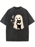 Funny Spooky Season Meh Coffee Ghost Holding Black Cat Halloween Vibe Washed T-shirt