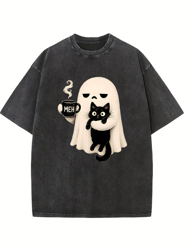Funny Spooky Season Meh Coffee Ghost Holding Black Cat Halloween Vibe Washed T-shirt