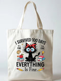Gift Academic Cat I Survived 100 Days Canvas Tote Bag