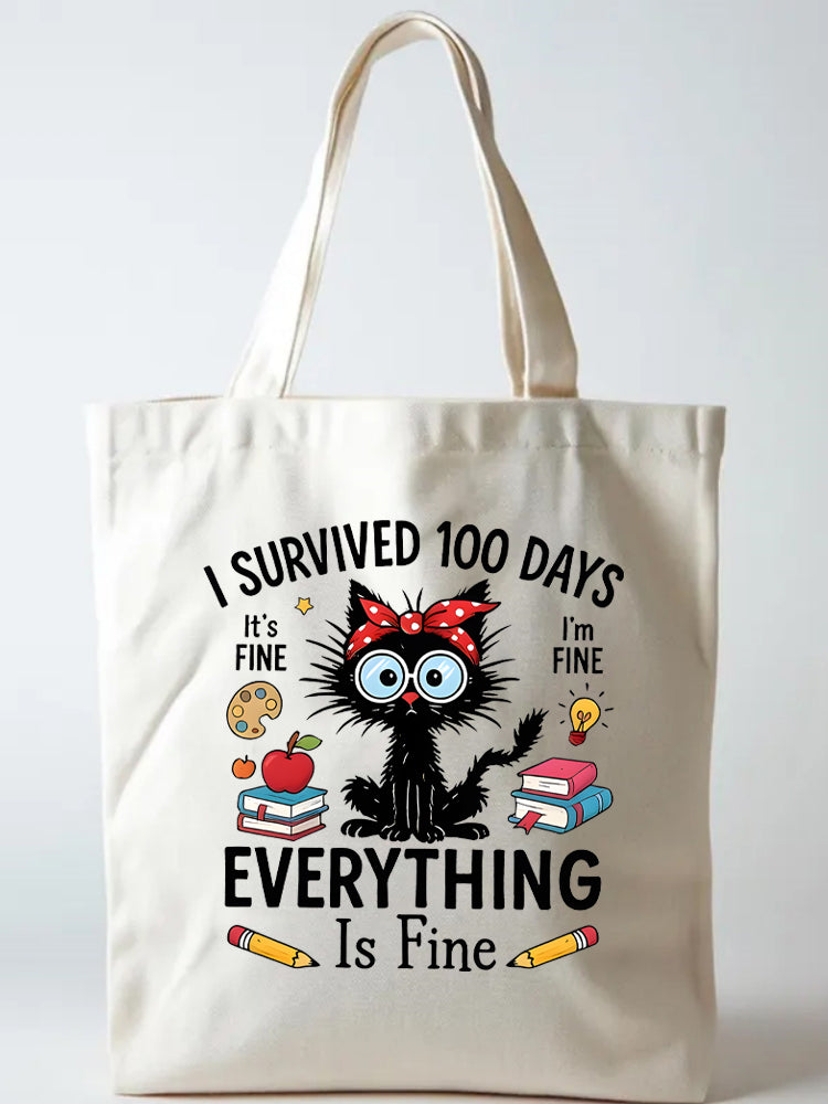 Gift Academic Cat I Survived 100 Days Canvas Tote Bag