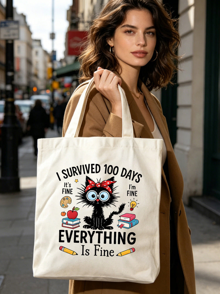 Gift Academic Cat I Survived 100 Days Canvas Tote Bag