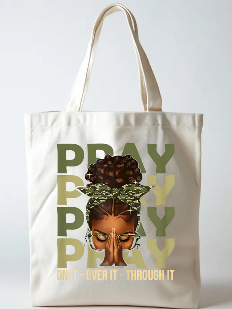 Gift Pray On It Pray Over It Black Woman Afro Christian Saying Canvas Tote Bag