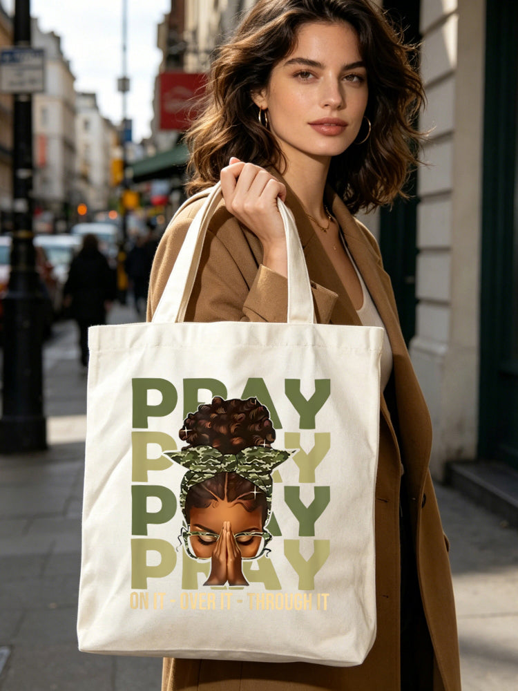 Gift Pray On It Pray Over It Black Woman Afro Christian Saying Canvas Tote Bag